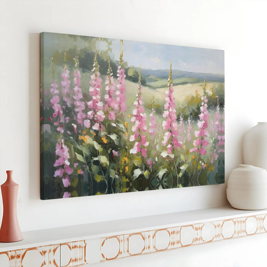 Wildflower Meadow Horizontal Canvas | Impressionist Pink Foxglove Floral Painting Style | Premium 1.25 Inch Stretched Wall Art | Cottagecore Living Room Decor Gift