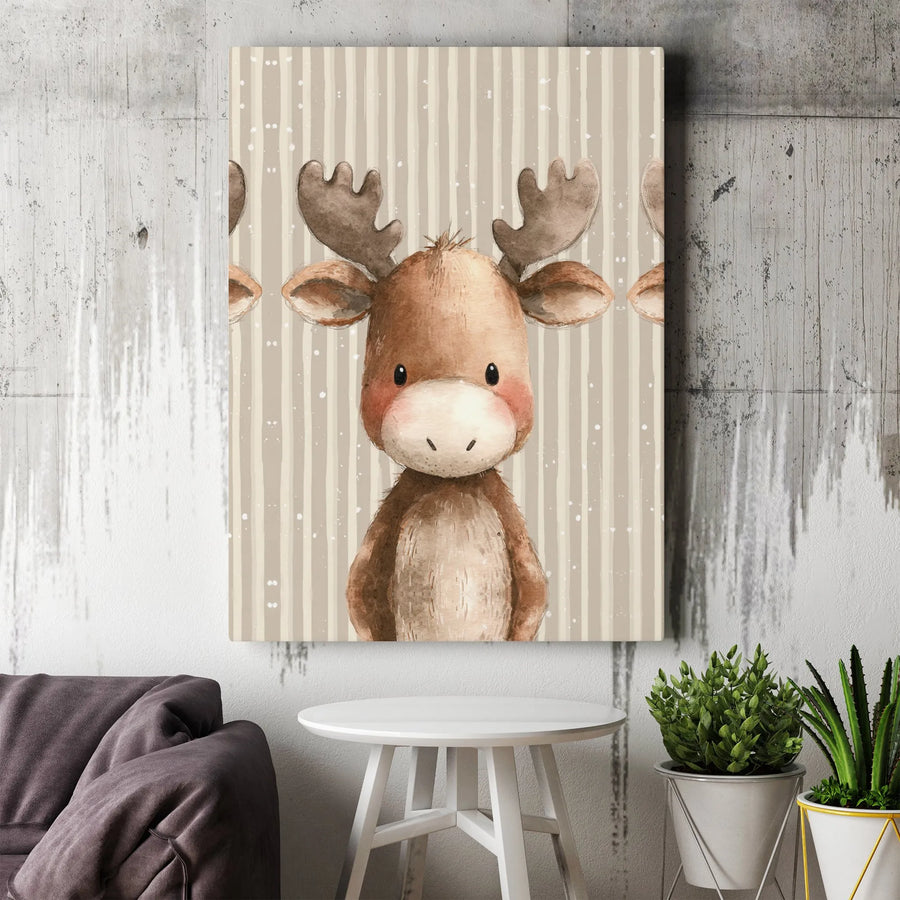 Baby Moose Canvas Wall Art | Watercolor Woodland Animal Nursery Decor | Premium Gallery Wrap Print | Cute Gender Neutral Baby Shower Gift
