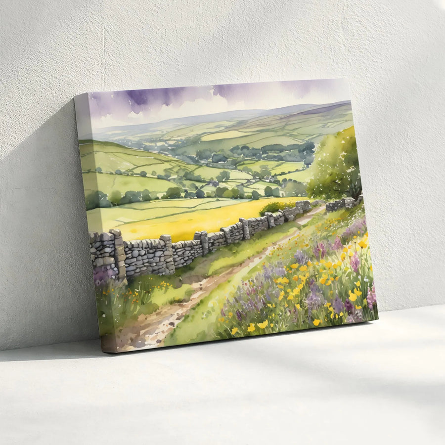 English Countryside Canvas Print | Watercolor Landscape with Wildflowers & Stone Wall | Premium Fade-Resistant Wall Art | Rustic Farmhouse Decor Gift