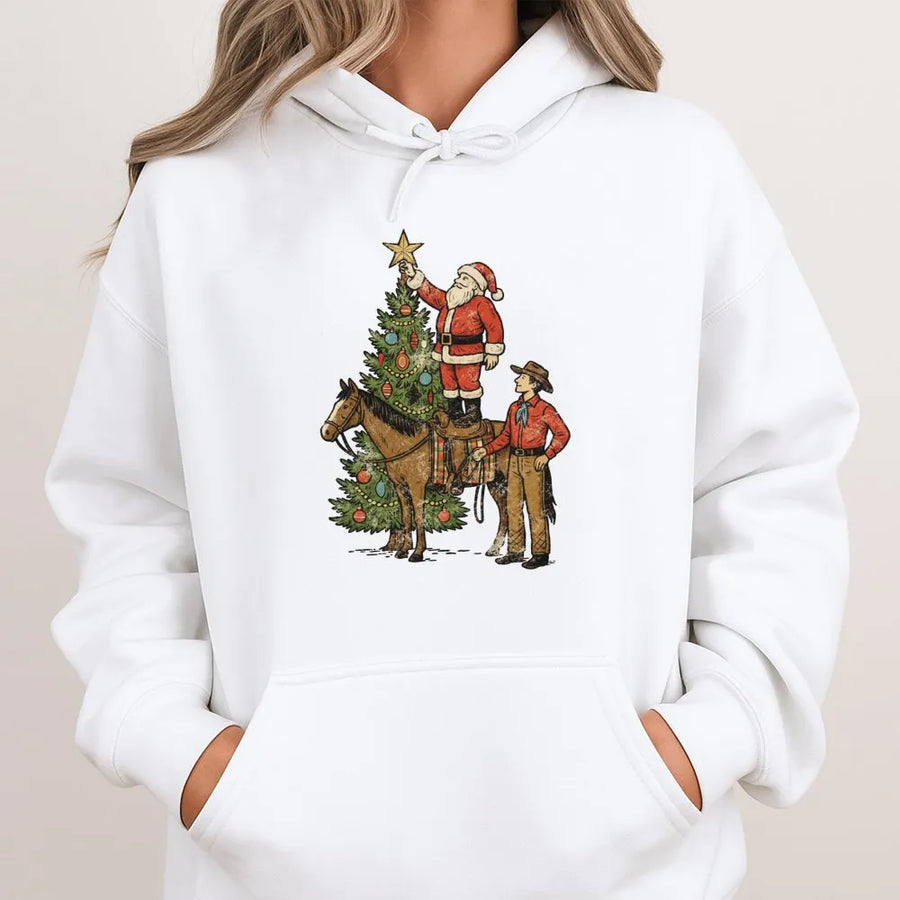 Western Christmas Cowboy Hoodie | Vintage Santa Horse Graphic | Premium Cotton Blend Pullover | Festive Holiday Gift For Him And Her