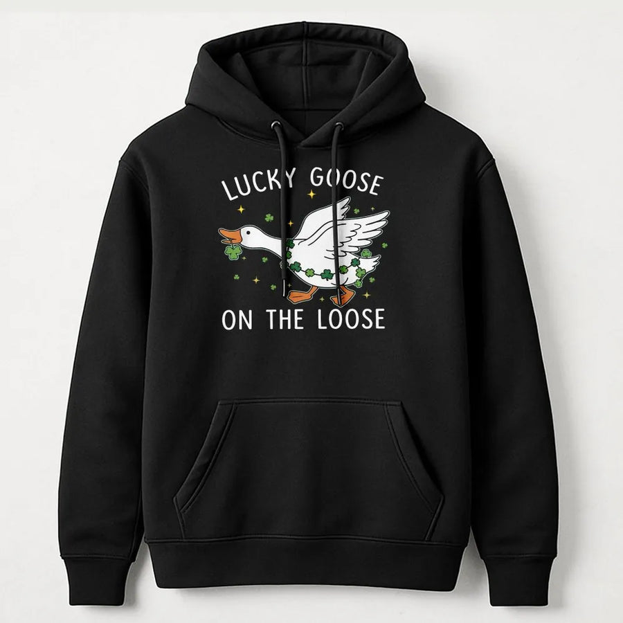 Lucky Goose On The Loose Hoodie | Funny St. Patricks Day Shamrock Design | Premium Cotton Blend | Gift For Goose Lovers & Irish Apparel Fans