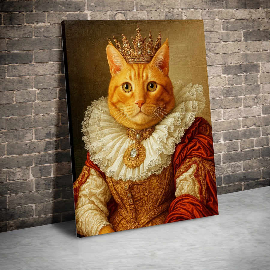 Royal Queen Cat Canvas Wall Art | Regal Orange Tabby Portrait with Crown | Premium Gallery Wrap Print | Whimsical Pet Lover Home Decor Gift