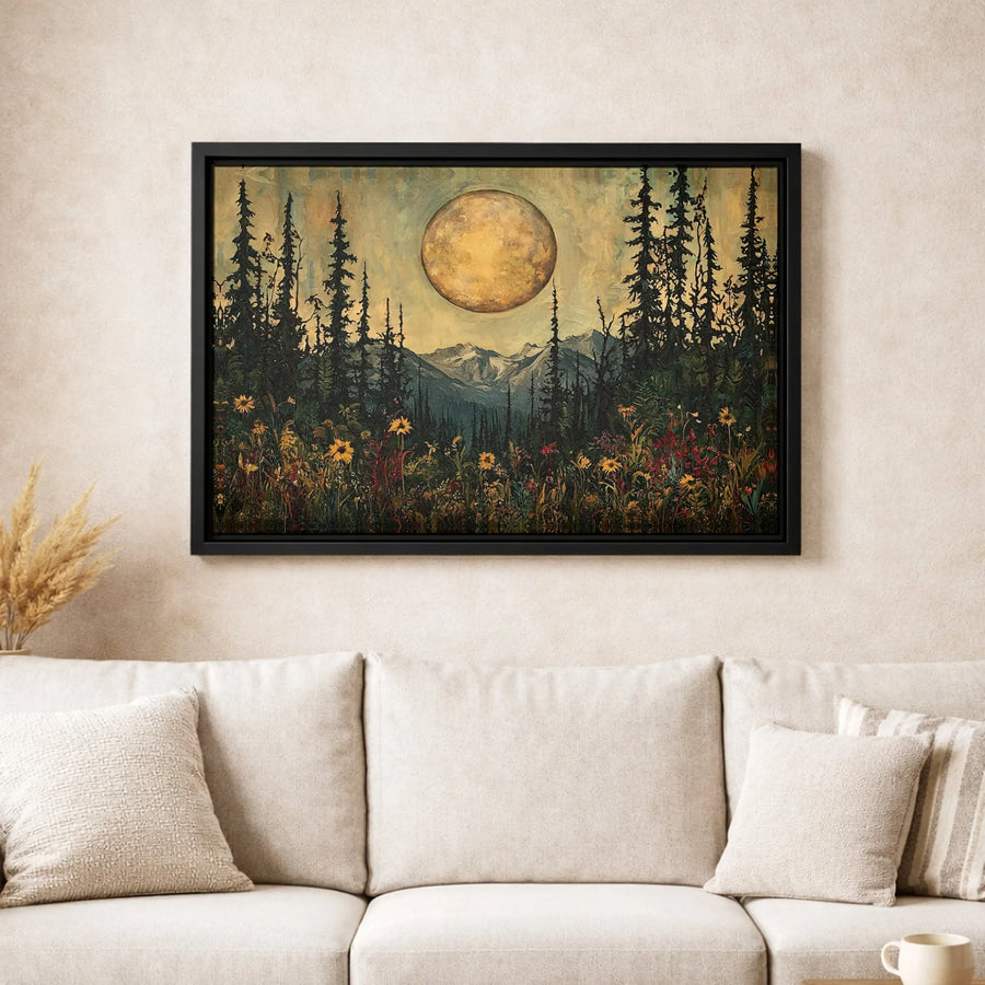Mountain Forest Wall Art | Golden Moon Landscape Painting | Gallery Wrapped Canvas Print | Moody Nature Home Decor Gift