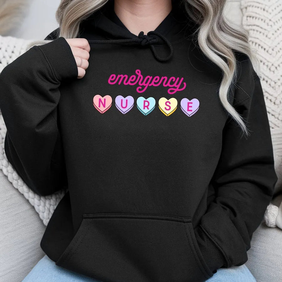 Emergency Nurse Valentine Hoodie | Candy Heart ER Medical Graphic | Premium Cotton Blend | Funny Nursing Student Gift for Her
