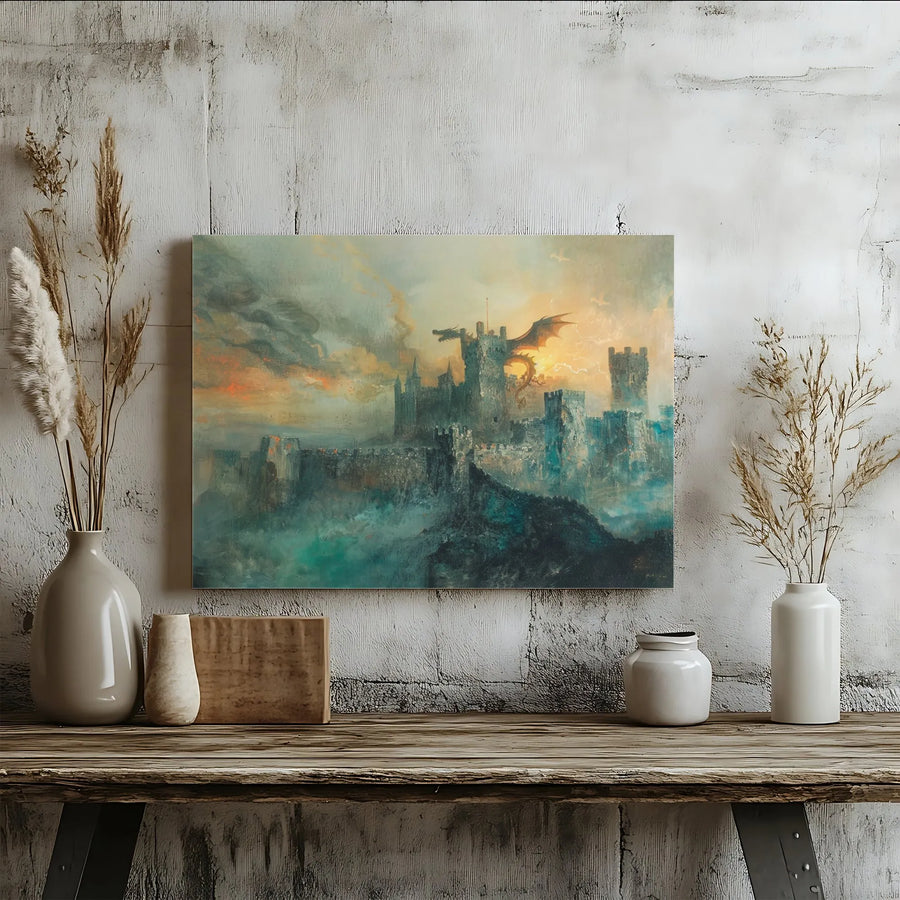 Dragon Wall Art Canvas | Medieval Castle Fantasy Landscape | 1.25 Inch Gallery Wrap Print | Premium Gothic Home Decor Gift