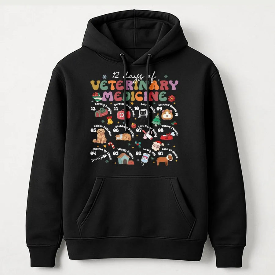 12 Days Of Veterinary Medicine Hoodie | Funny Vet Tech Christmas Sweatshirt | Premium Cotton Blend | Gift For Veterinarians And Vet Students