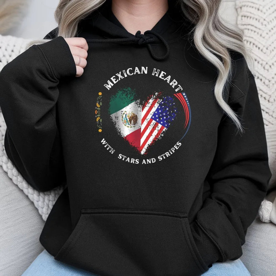 Mexican American Heart Hoodie | Dual Flag USA Mexico Graphic Print | Premium Cotton Blend | Heritage Pride Gift For Men and Women