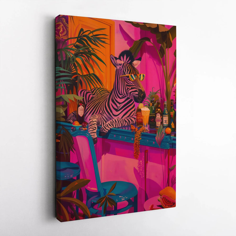 Tropical Zebra Wall Art | Colorful Lounging Animal Bar Scene | Premium Fade-Resistant Canvas | Eclectic Home Decor Gift For Animal Lovers