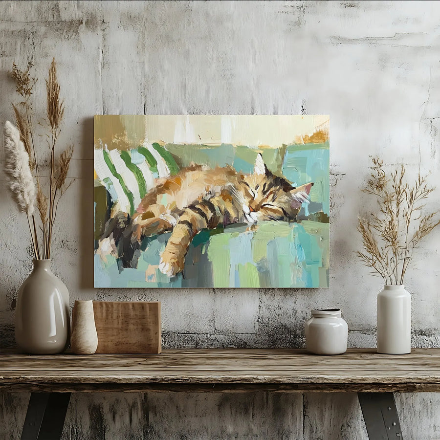 Sleeping Tabby Cat Canvas Wall Art | Impressionist Oil Painting Style | Premium Fade-Resistant Print | Cozy Home Decor Gift for Cat Lovers