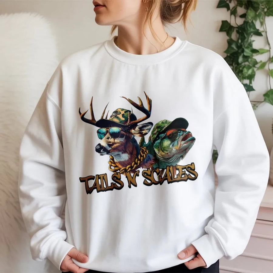 Tails N Scales Hunting Fishing Sweatshirt | Deer and Bass Retro Graphic | Premium Cotton Blend Crewneck | Outdoor Life Gift for Outdoorsmen