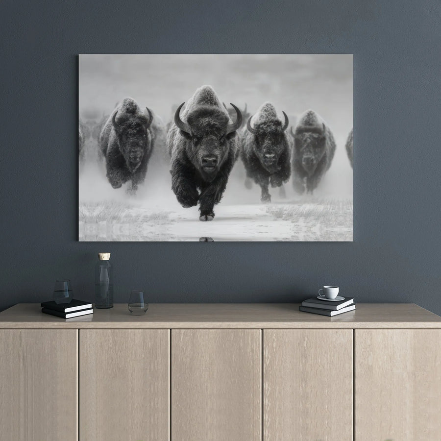 Running Bison Herd Canvas Wall Art | Monochrome Winter Wildlife Photography | Gallery Wrapped 1.25-inch Frame | Modern Rustic Home Decor Gift