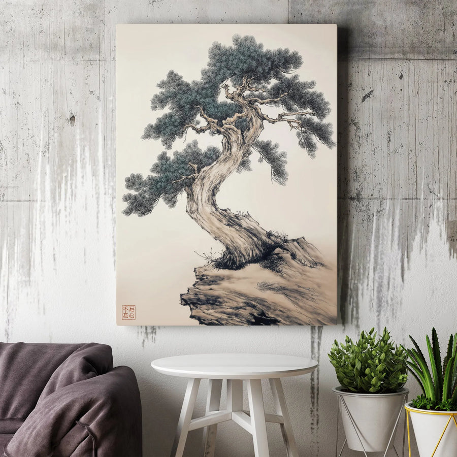 Traditional Ink Wash Pine Tree Canvas Wall Art | Zen Asian Landscape Painting | Premium Gallery Wrap Print | Serene Home Office Decor Gift