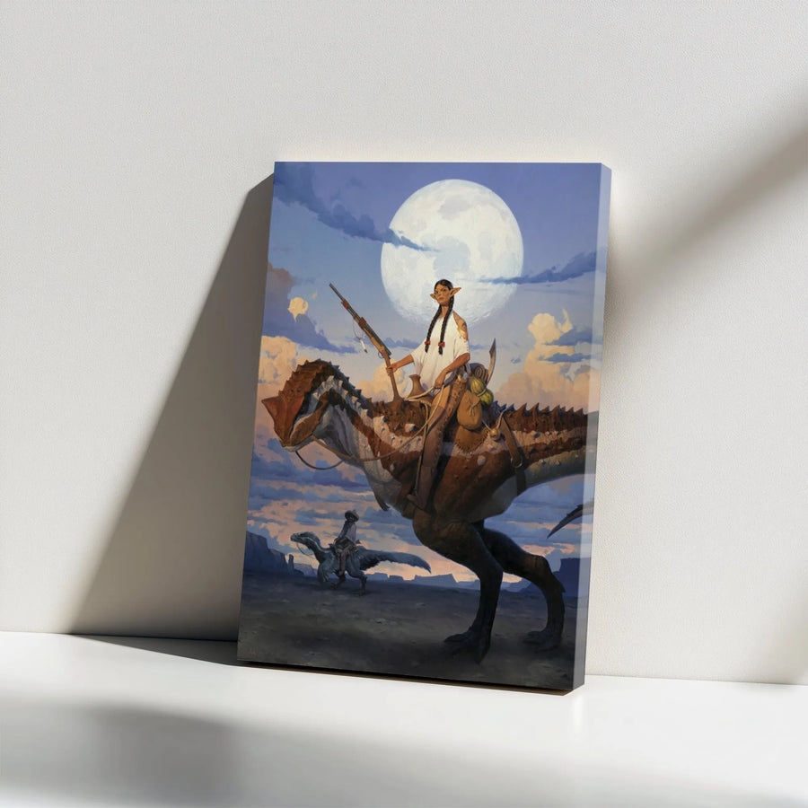 Fantasy Dinosaur Rider Canvas Print | Elven Princess & Full Moon Art | Premium Gallery Wrapped Canvas | Collector's Gift for Sci-Fi & Western Fans