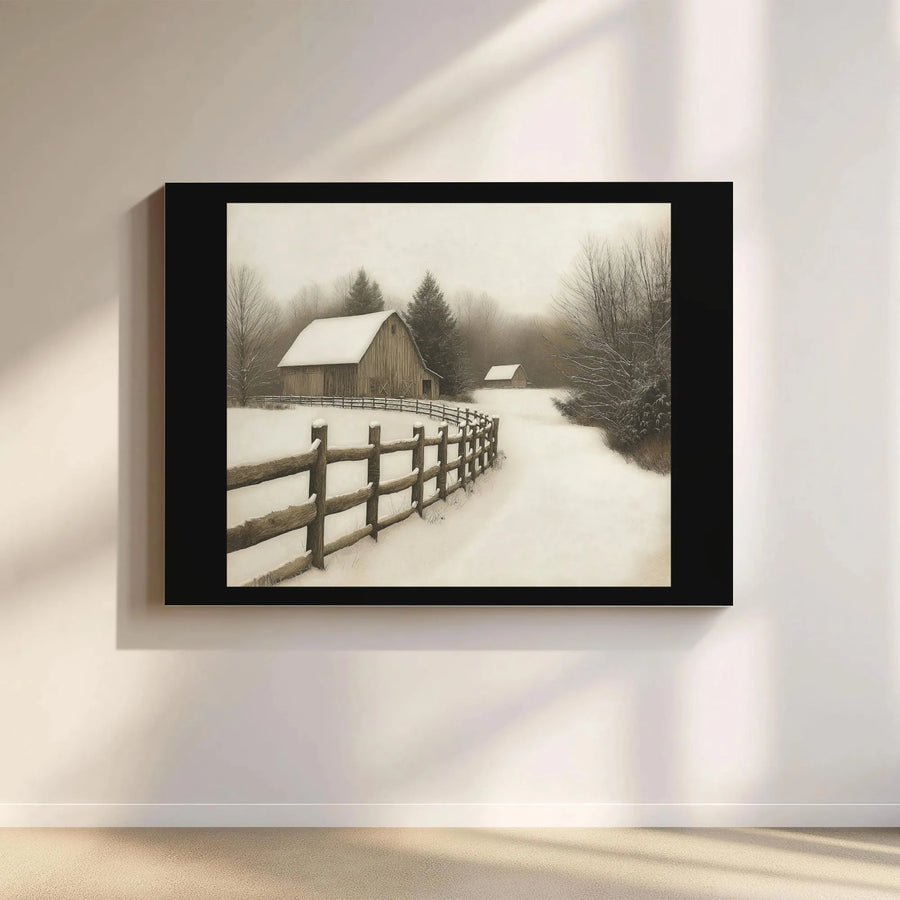 Winter Barn Canvas Art | Rustic Snow Landscape with Fence | Premium Gallery Wrapped Print | Holiday Seasonal Farmhouse Wall Decor