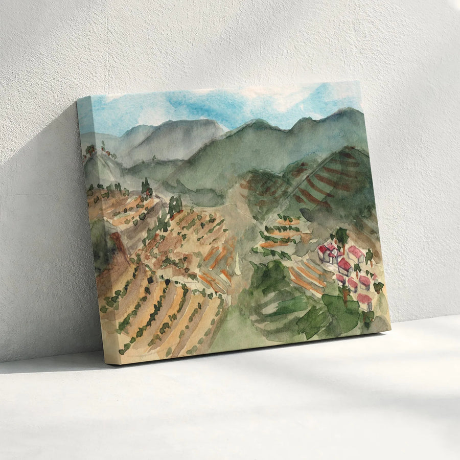 Watercolor Mountain Landscape Canvas | Terraced Hills Village Print | Gallery Quality 1.25-Inch Profile | Nature Wall Art Gift for Home Decor