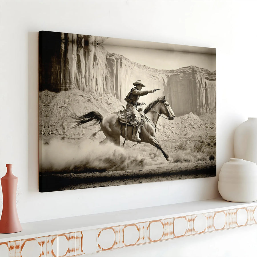 Western Cowboy Wall Art | Vintage Horseback Outlaw Canvas | Premium Gallery Wrapped Decor | Rugged Americana Office or Living Room Gift