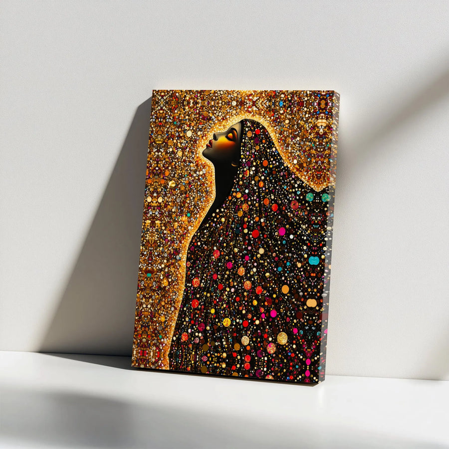 Black Woman Art Canvas | Golden Mosaic Aura Portrait | Premium Gallery-Wrapped Print | Modern Afrocentric Wall Decor for Living Room