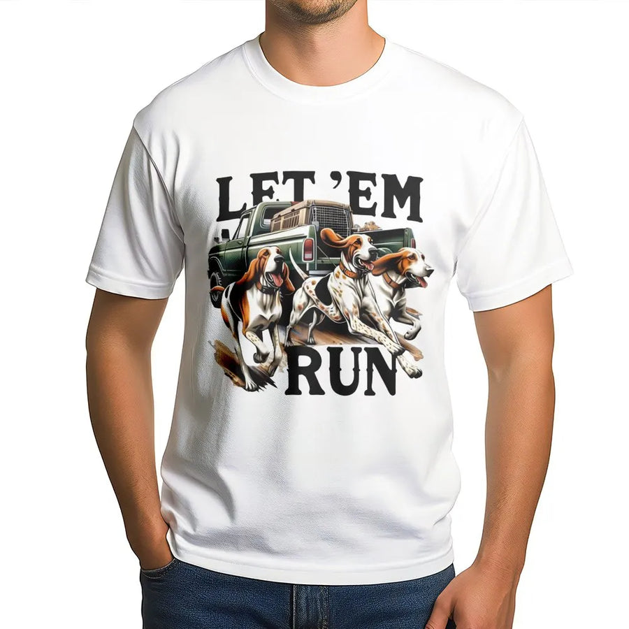 Hound Dog T-Shirt | Let Em Run Hunting Pickup Truck Graphic | Premium Cotton Unisex Tee | Gift for Hunters and Outdoor Enthusiasts