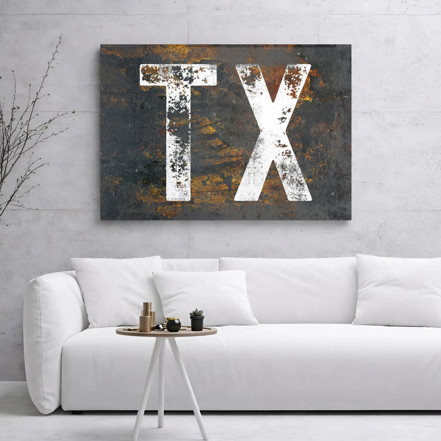 Texas Wall Art | Rustic Metal Texture TX Abbreviation | Gallery Wrapped Canvas Decor | Premium State Pride Gift for Office or Home