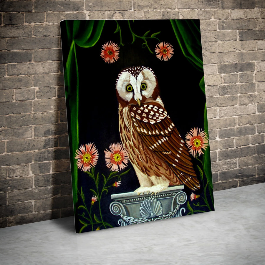 Guardian Owl Vertical Canvas | Victorian Style Bird and Floral Art | Thick Gallery Wrapped Canvas | Premium Dark Academia Wall Decor Gift for Bird Lovers