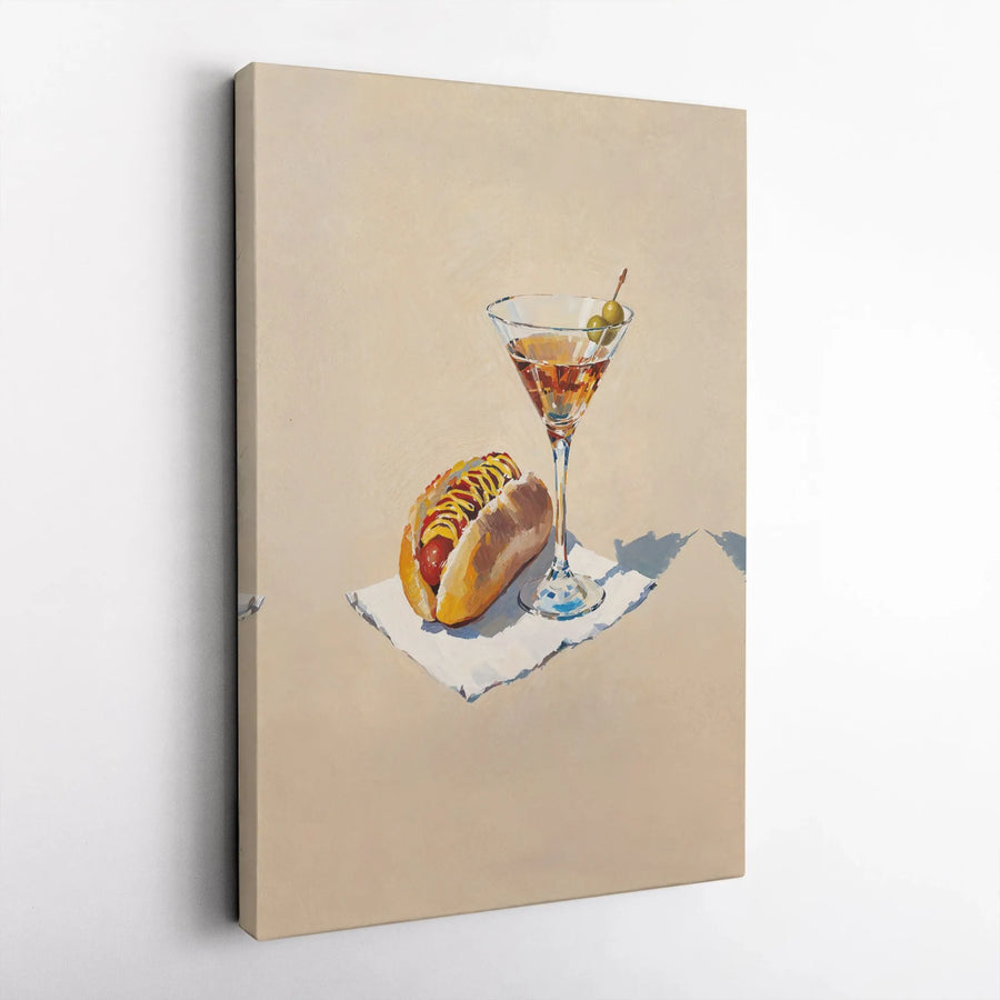 Hot Dog and Martini Still Life Canvas Print | Modern Foodie Bar Art | Premium Gallery Wrapped Decor | Unique Kitchen and Dining Room Gift