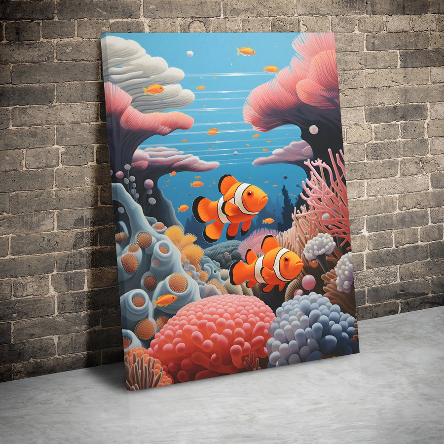Clownfish Coral Reef Canvas Art | Vibrant Tropical Ocean Wildlife Print | 1.25 Inch Gallery Wrap | Nursery And Kids Room Wall Decor