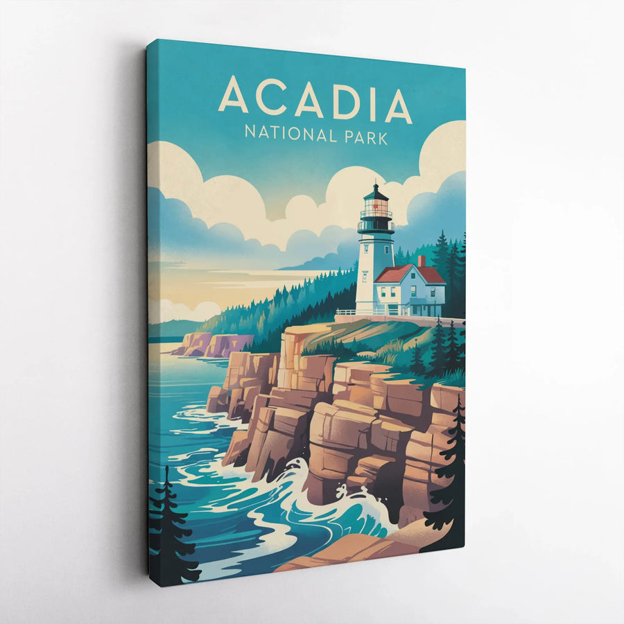 Acadia National Park Vertical Canvas | Retro Lighthouse Travel Poster Print | Premium Thick Gallery Wrapped Wall Art | Collector's Gift for Nature Lover