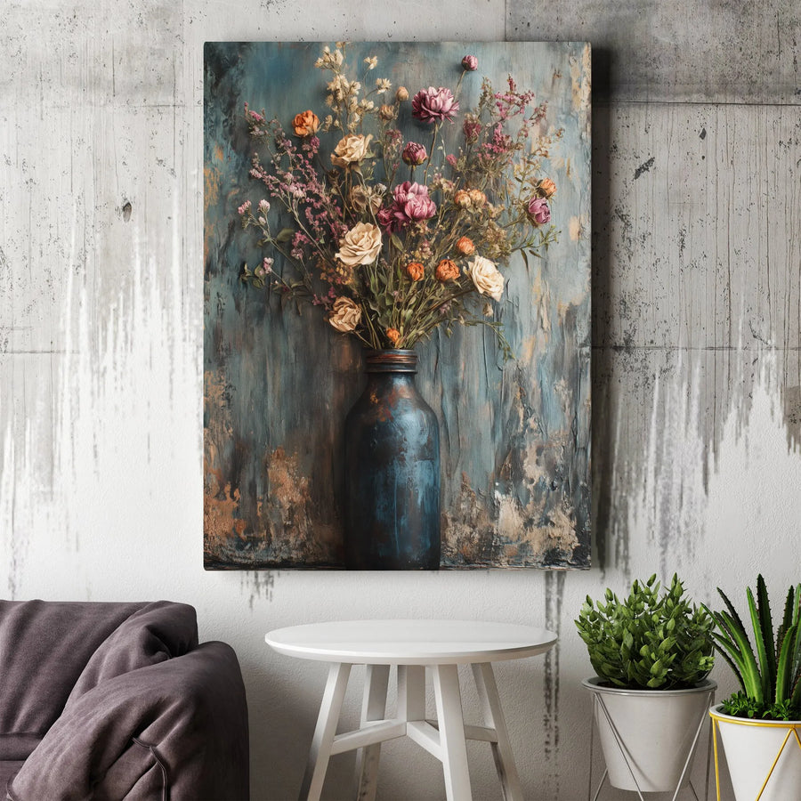 Rustic Dried Flower Bouquet Canvas Wall Art | Moody Floral Still Life Print | Premium Gallery Wrapped Decor | Farmhouse Living Room Gift