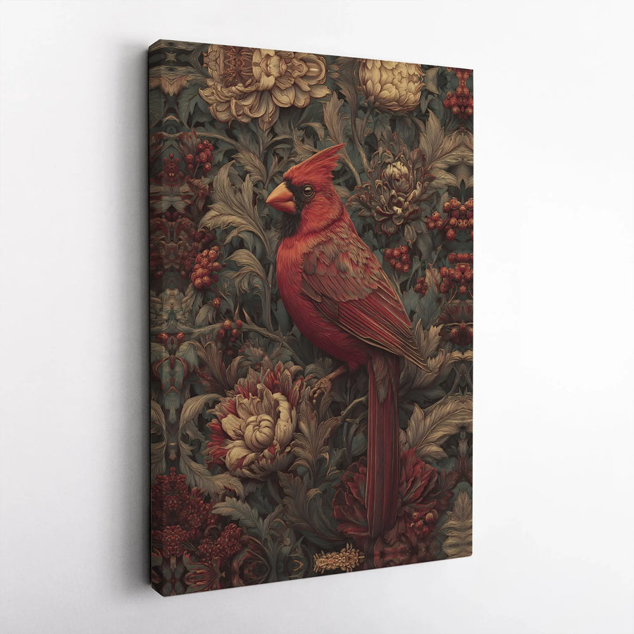 Red Cardinal Canvas Wall Art | Vintage Moody Floral Illustration | Premium Gallery Quality Print | Bird Watcher Nature Lover Gift