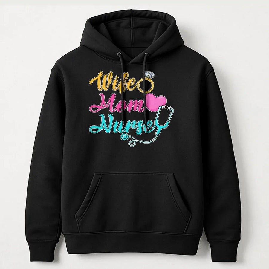 Wife Mom Nurse Hoodie | Cute Stethoscope & Heart Graphic | Soft Cotton Blend | Premium Mother's Day Gift for RN