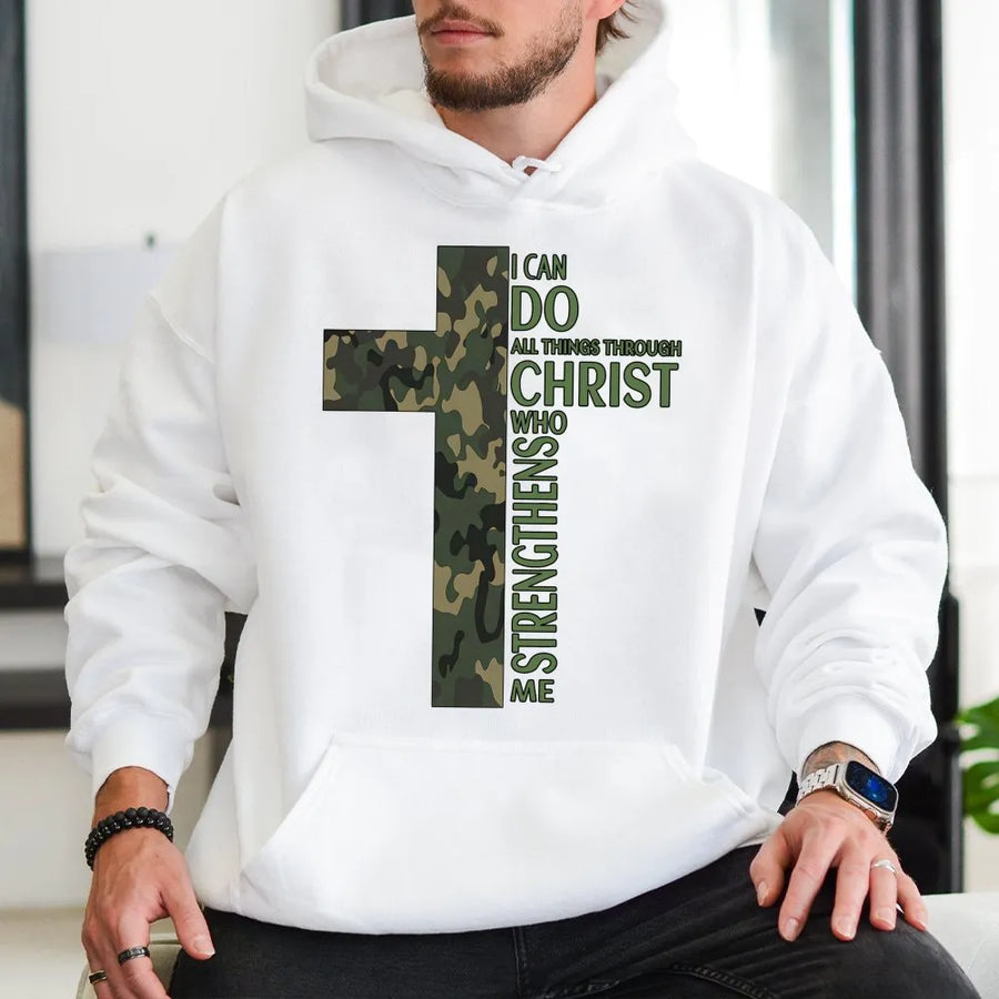 Camo Cross Christian Hoodie | Philippians 4:13 Bible Verse | Premium Cotton-Blend Apparel | Faith-Based Religious Gift For Men And Women