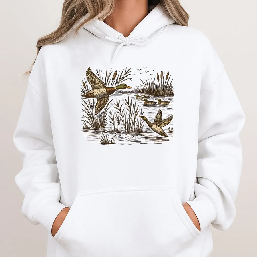 Vintage Mallard Duck Hoodie | Retro Flying Ducks Marsh Scene | Premium Cotton-Blend Sweatshirt | Gift for Hunter and Nature Lover