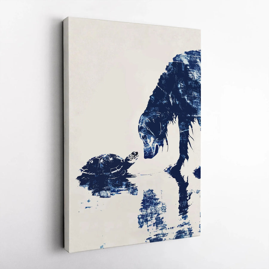 Dog and Turtle Wall Art | Abstract Blue Ink Animal Portrait | Premium Gallery-Wrapped Canvas | Unique Nature Gift for Pet Lovers