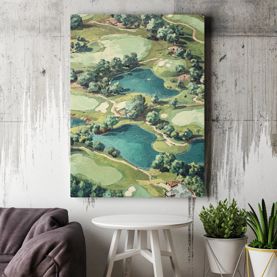 Vintage Golf Course Canvas | Aerial Impressionist Painting Print | Premium Wall Art | Collector's Gift for Golfer, Man Cave Office Decor