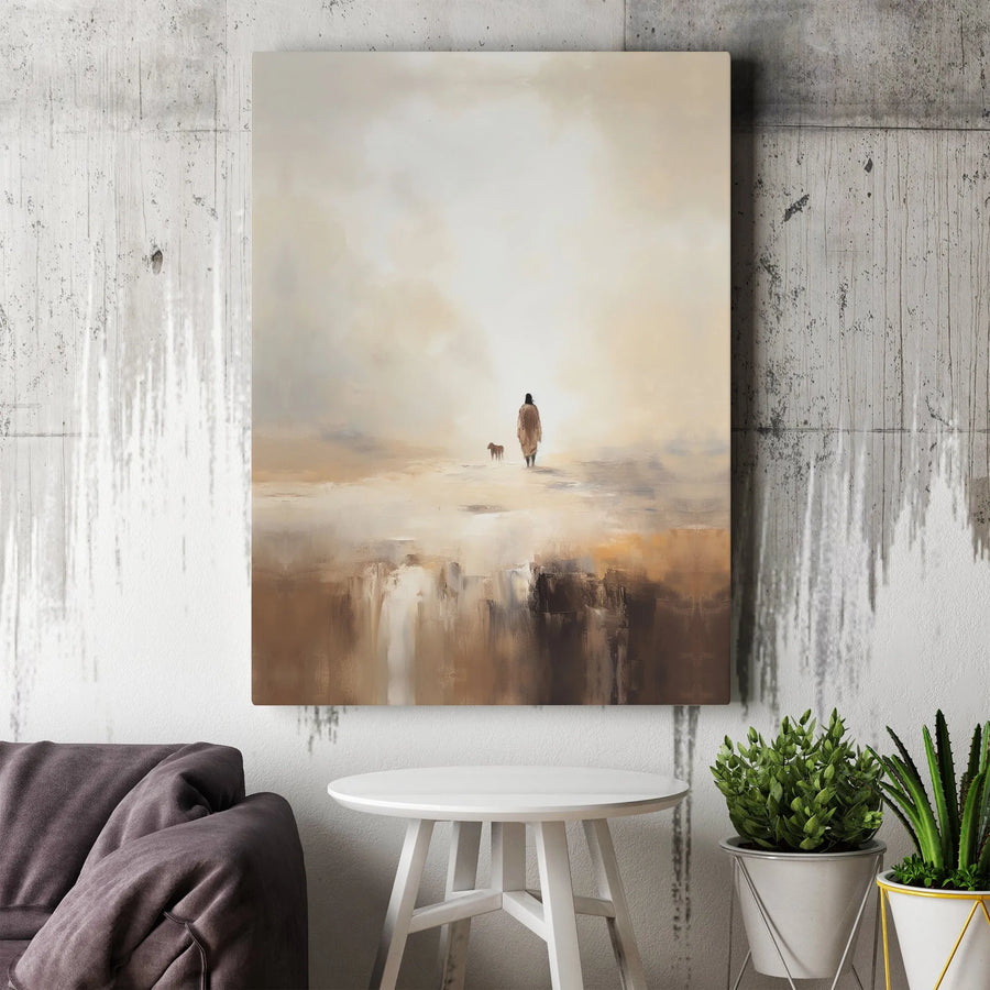 Misty Landscape Canvas Wall Art | Walking Figure And Dog Silhouette | 1.25-Inch Gallery Wrap Profile | Modern Minimalist Home Decor Gift