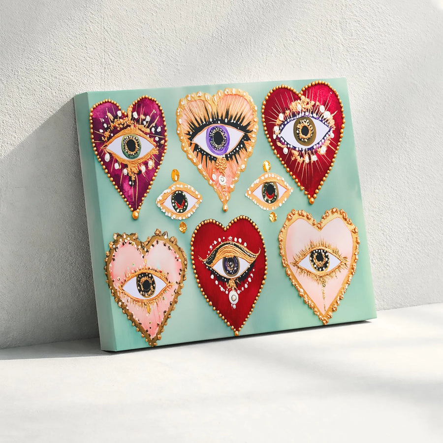 Evil Eye Heart Canvas Wall Art | Bohemian Sacred Hearts Print with 3D Effect | Premium Fade-Resistant Ink | Spiritual Home Decor Gift for Her