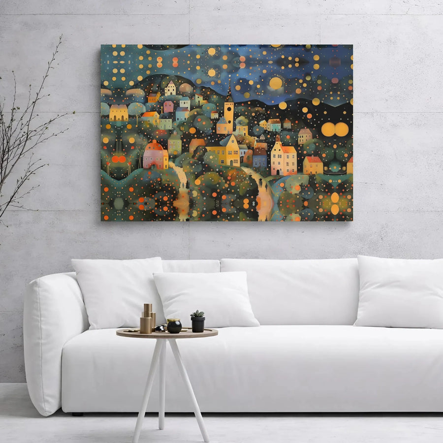 Whimsical Starry Night Village Canvas Wall Art | Folk Art Starlit Town Print | Premium Gallery-Wrapped 1.25" Decor | Housewarming Gift for Art Lovers