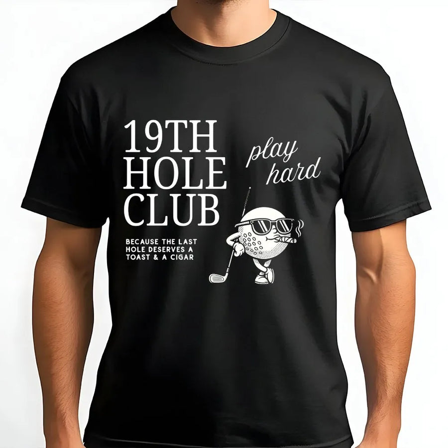 19th Hole Club Golf T-Shirt | Funny Golfing Graphic with Cigar | Soft Cotton Blend Pullover | Premium Gift for Golfer