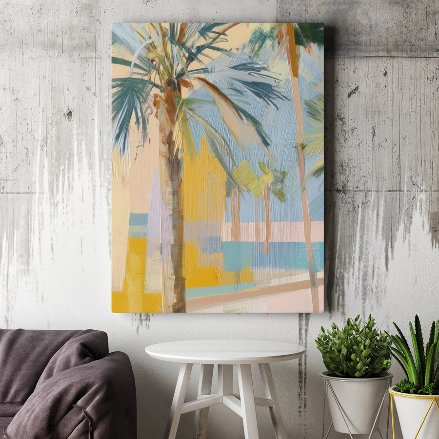 Abstract Palm Tree Beach Canvas Wall Art | Coastal Impressionist Oil Paint Look | Premium 1.25" Gallery Wrap | Modern Tropical Home Decor