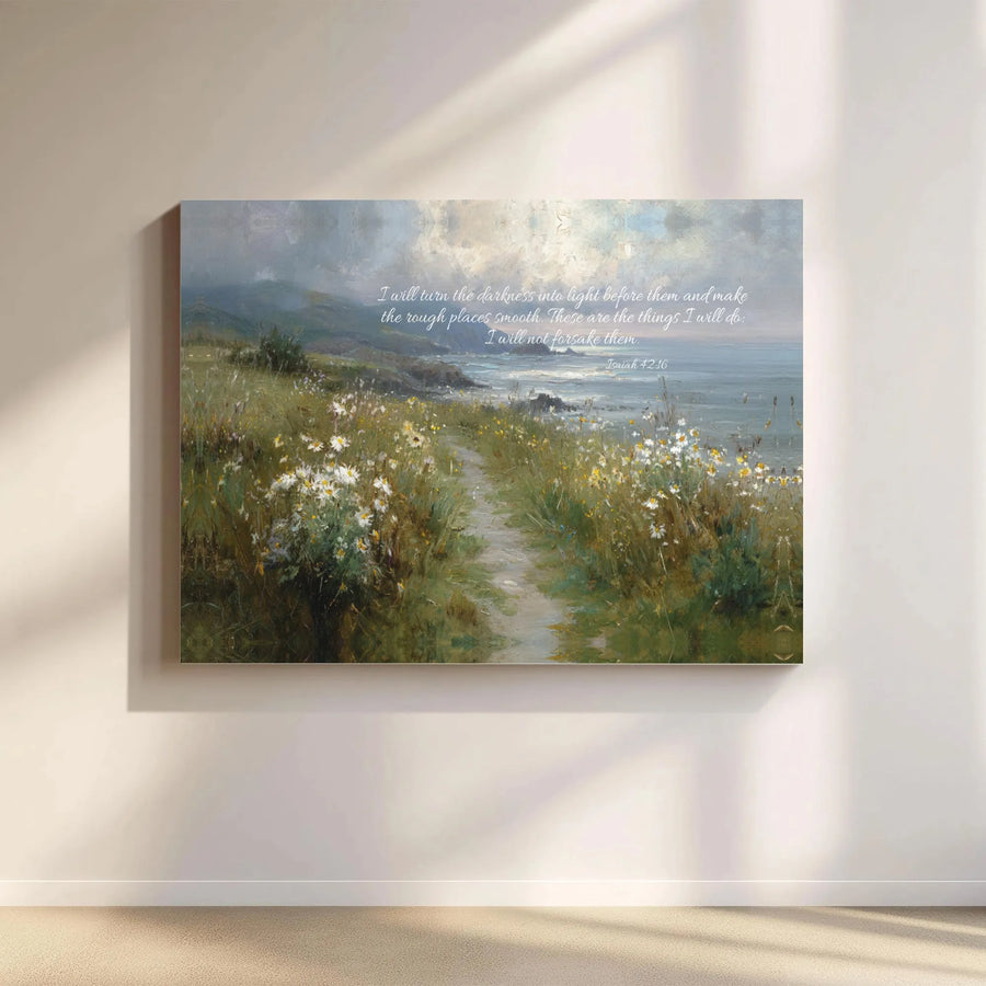 Isaiah 42:16 Scripture Canvas Wall Art | Coastal Path Wildflower Painting | Premium Gallery Wrapped Print | Inspirational Christian Home Decor Gift