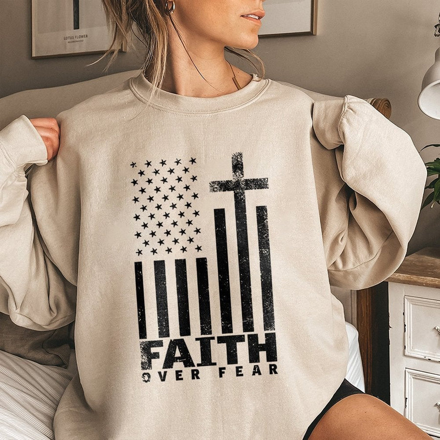Faith Over Fear Sweatshirt | American Flag Christian Cross Graphic | Premium Cotton Blend Crewneck | Patriotic Religious Gift for Men and Women