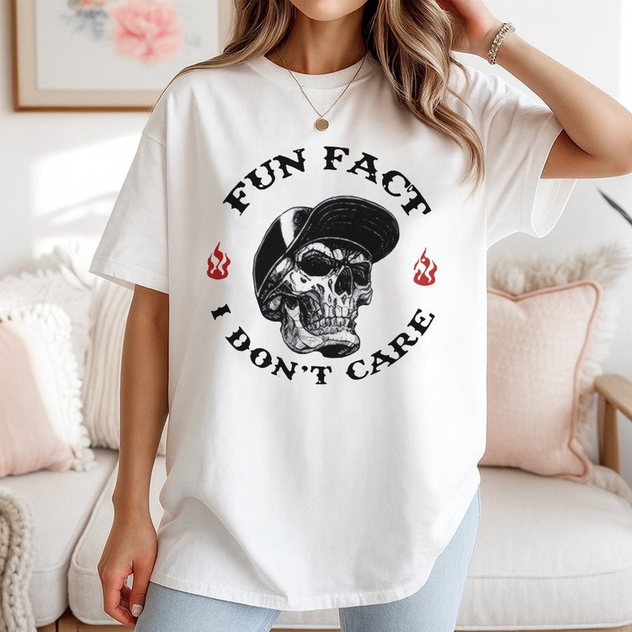 Fun Fact I Don't Care T-Shirt | Edgy Skull Baseball Cap Graphic | Premium 100% Cotton Tee | Sarcastic Slogan Gift for Men and Women