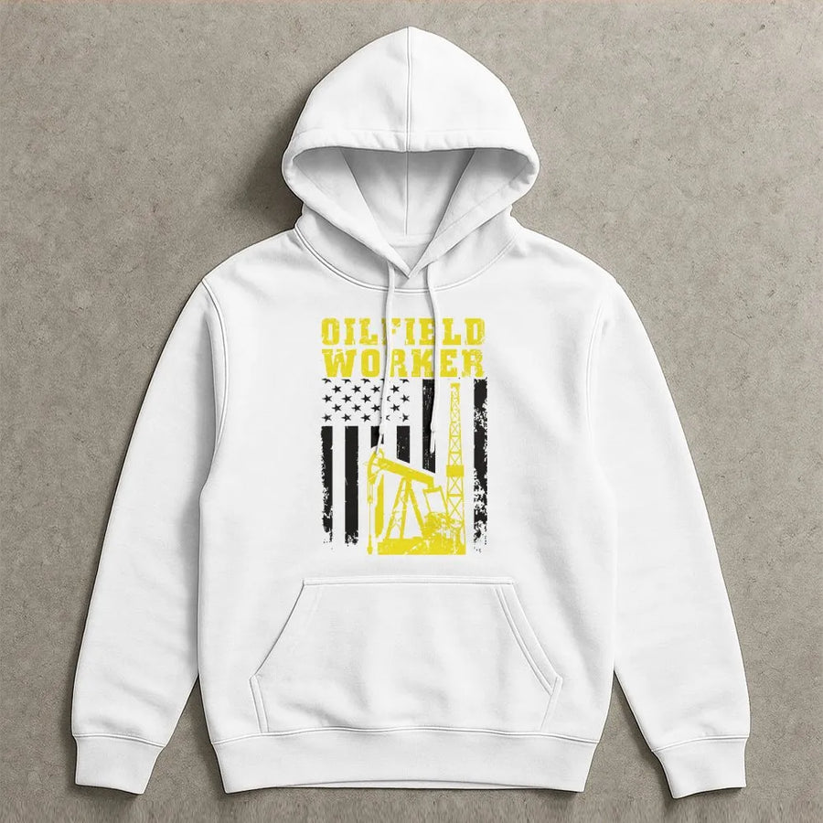 Oilfield Worker Hoodie | American Flag Pumpjack Oil Rig Graphic | Premium Cotton-Poly Blend | Gift for Oil and Gas Industry Roughneck Men