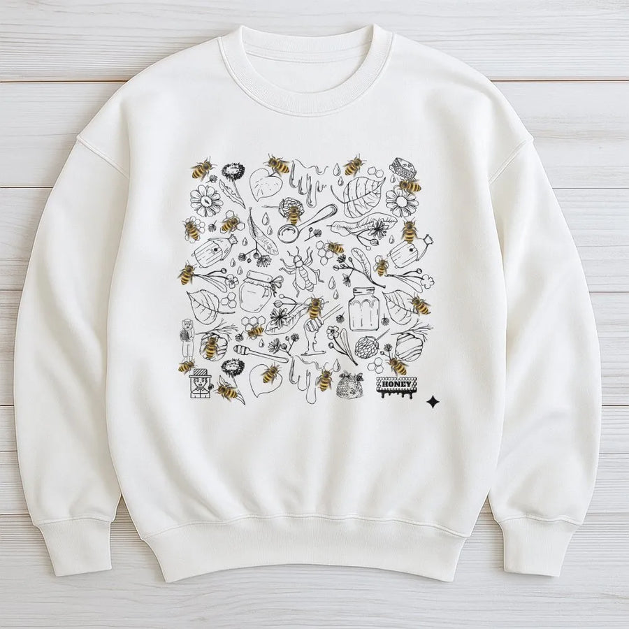 Botanical Bee Sweatshirt | Vintage Honeycomb Doodle Print | Soft Cotton Blend Pullover | Gift for Nature Lover