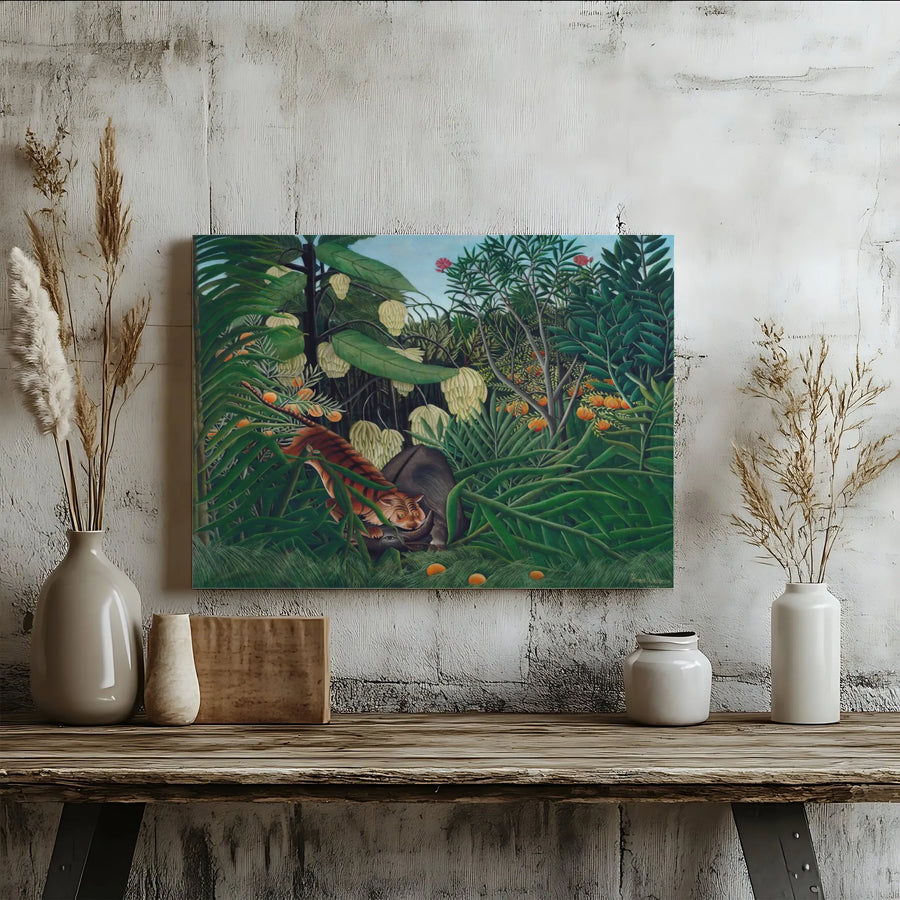 Henri Rousseau Canvas Wall Art | Combat of a Tiger and a Buffalo Reproduction | Premium Gallery Wrap Canvas | Vintage Jungle Decor for Art Lovers