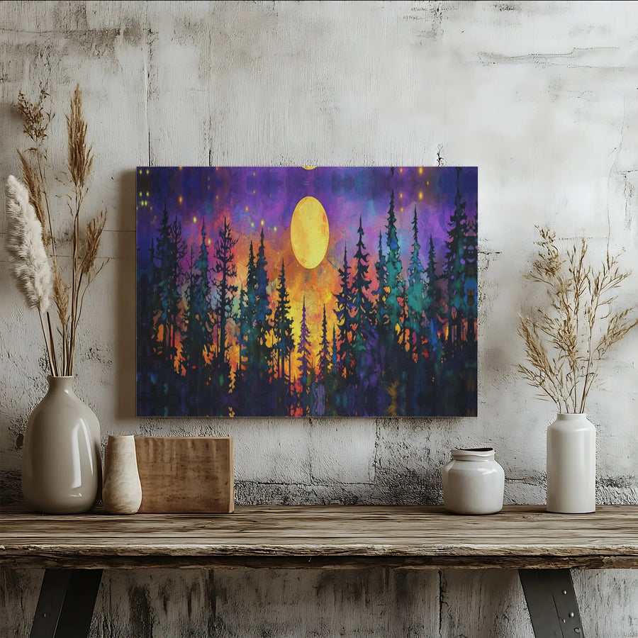 Full Moon Forest Canvas Art | Colorful Pine Tree Landscape Print | Gallery Wrapped 1.25" Profile | Moody Nature Wall Decor for Home Office