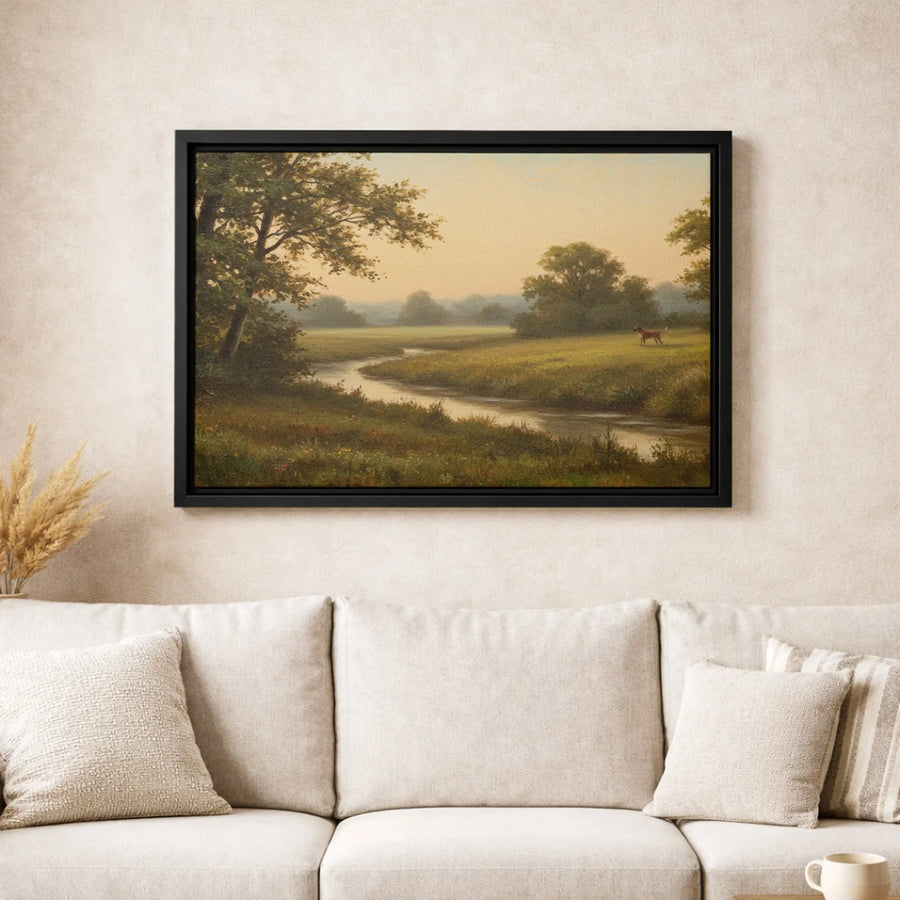 Pastoral Landscape Canvas Art | Vintage River Meadow with Dog Painting | 1.25 Inch Gallery Wrap | Premium Home Decor Wall Print