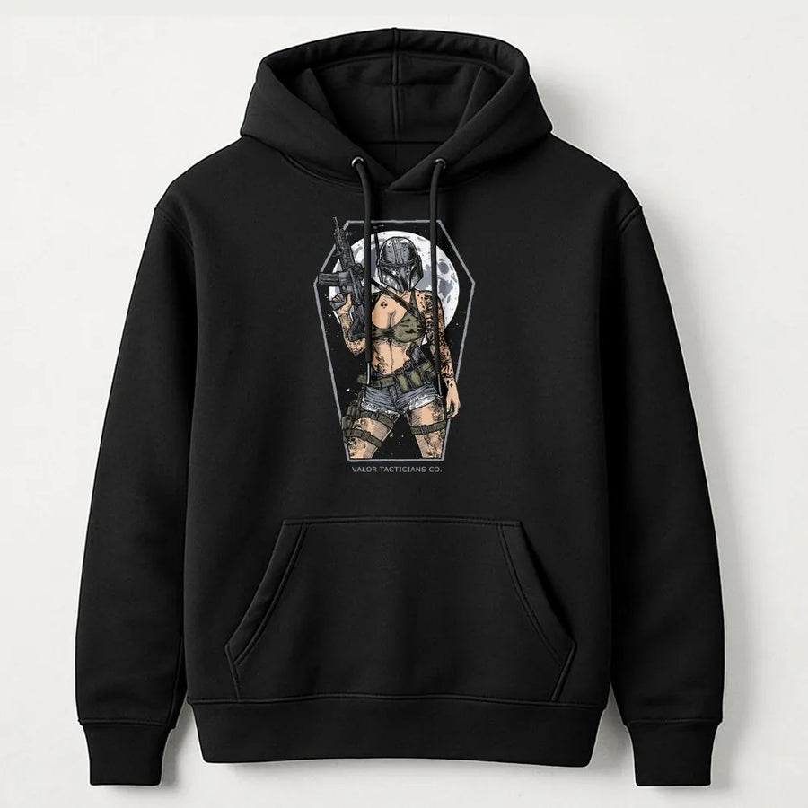 Tactical Girl Graphic Hoodie | Armed Soldier Aesthetic Design | Soft Cotton-Polyester Blend | Edgy Streetwear Gift for Gun Enthusiasts