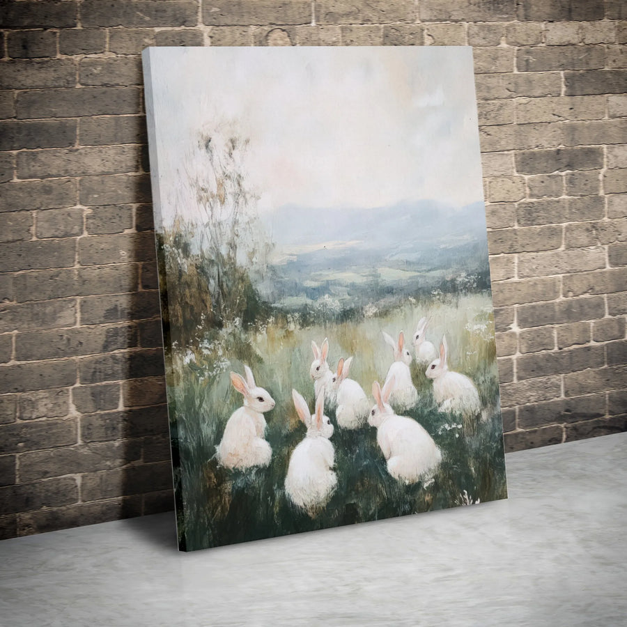 White Rabbit Meadow Canvas Wall Art | Impressionist Bunny Landscape Painting | Premium Gallery Wrapped Print | Cottagecore Aesthetic Home Decor Gift