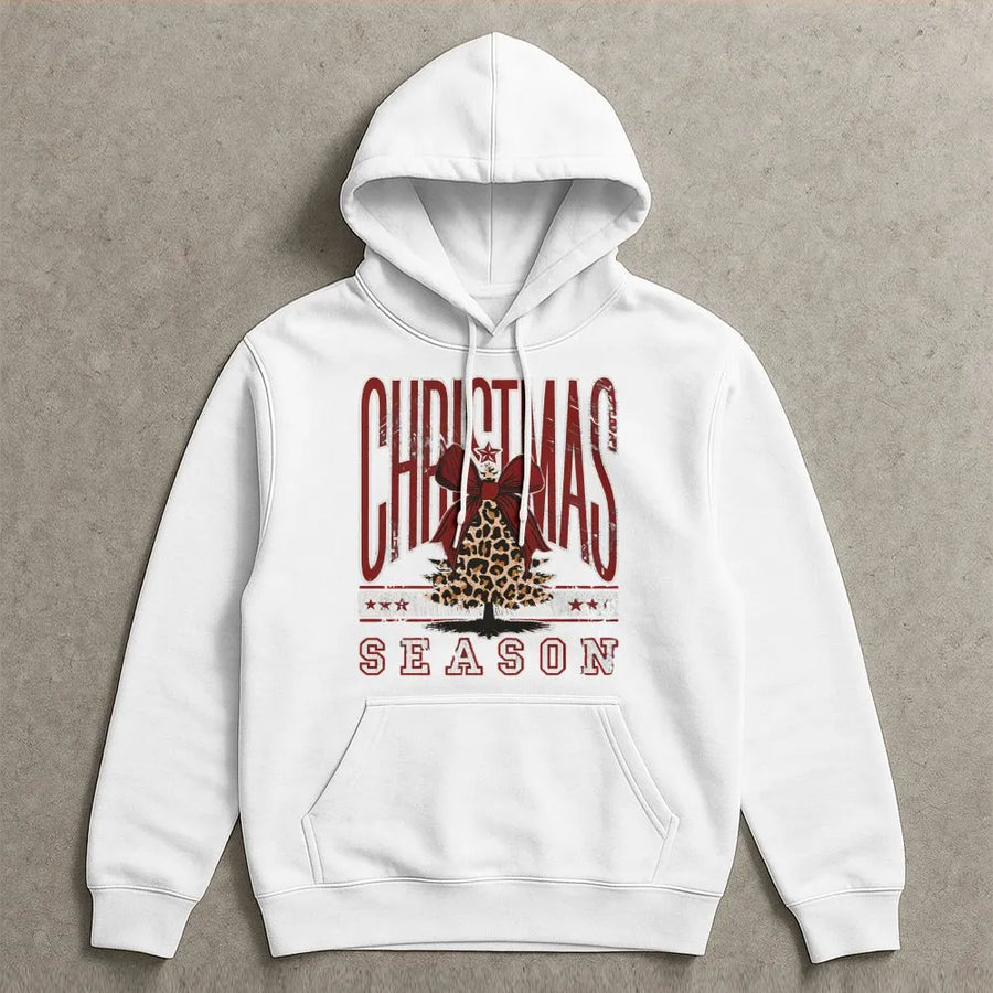 Christmas Season Hoodie | Leopard Print Bow Tree Graphic | Premium Cotton Blend | Cozy Holiday Gift for Women